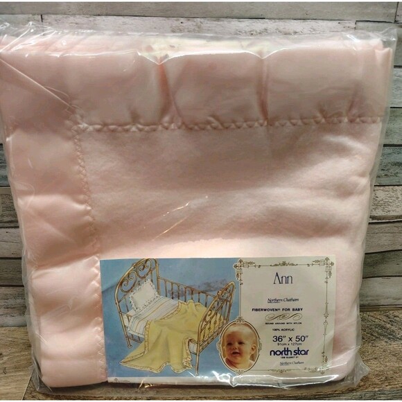 VTG North Star Ann Chatham Acrylic Crib Baby Blanket Nylon Edges Pink 36"x50"NEW